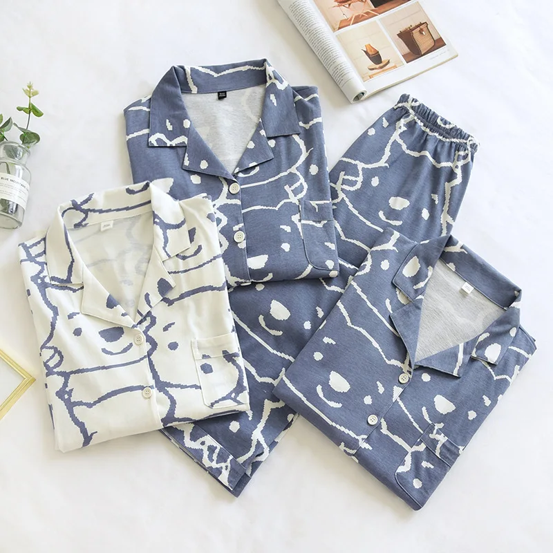 Cartoon Couple Pajamas Men Loose Clothing Sets Lady Spring Autumn Knitted Cotton Long Sleeve Cardigan Button Pijamas Women Sleep