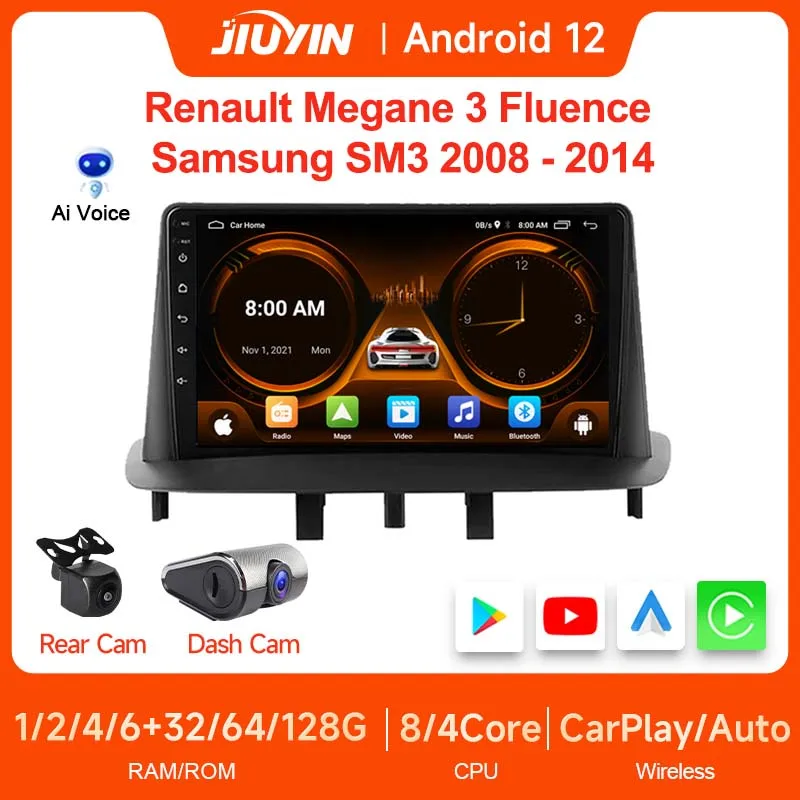 

JIUYIN Android 12 Car Stereo 2 DIN 9'' Multimedia Central Video Player GPS for Renault Megane 3 Fluence Samsung SM3 2008 - 2014