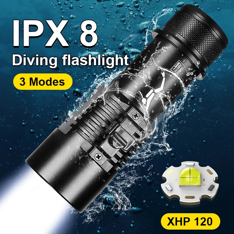 

Professional Diving Flashlight 9000LM XHP120 800m Underwater Scuba Diving Torch IPX8 Waterproof Dive Light 26650 18650 Battery