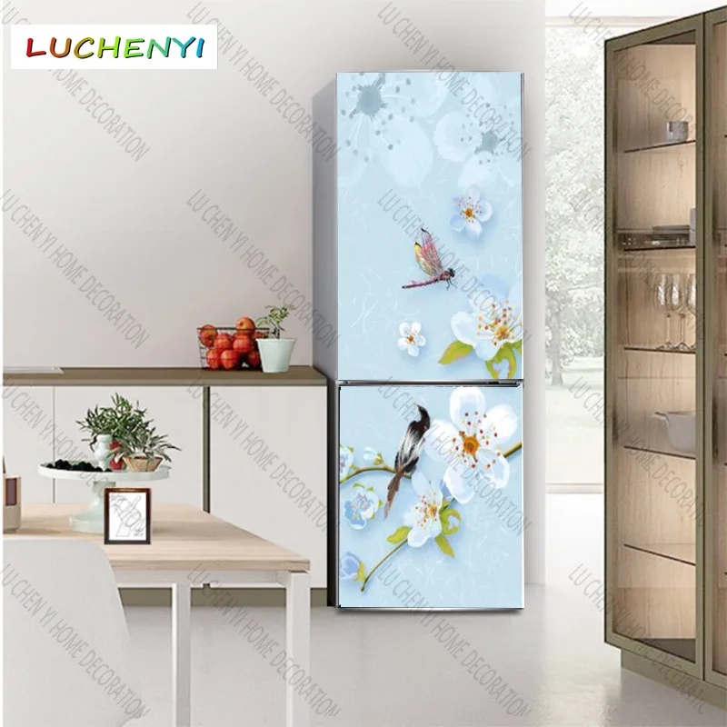 Наклейка на холодильник с синими птицами и цветами под заказ