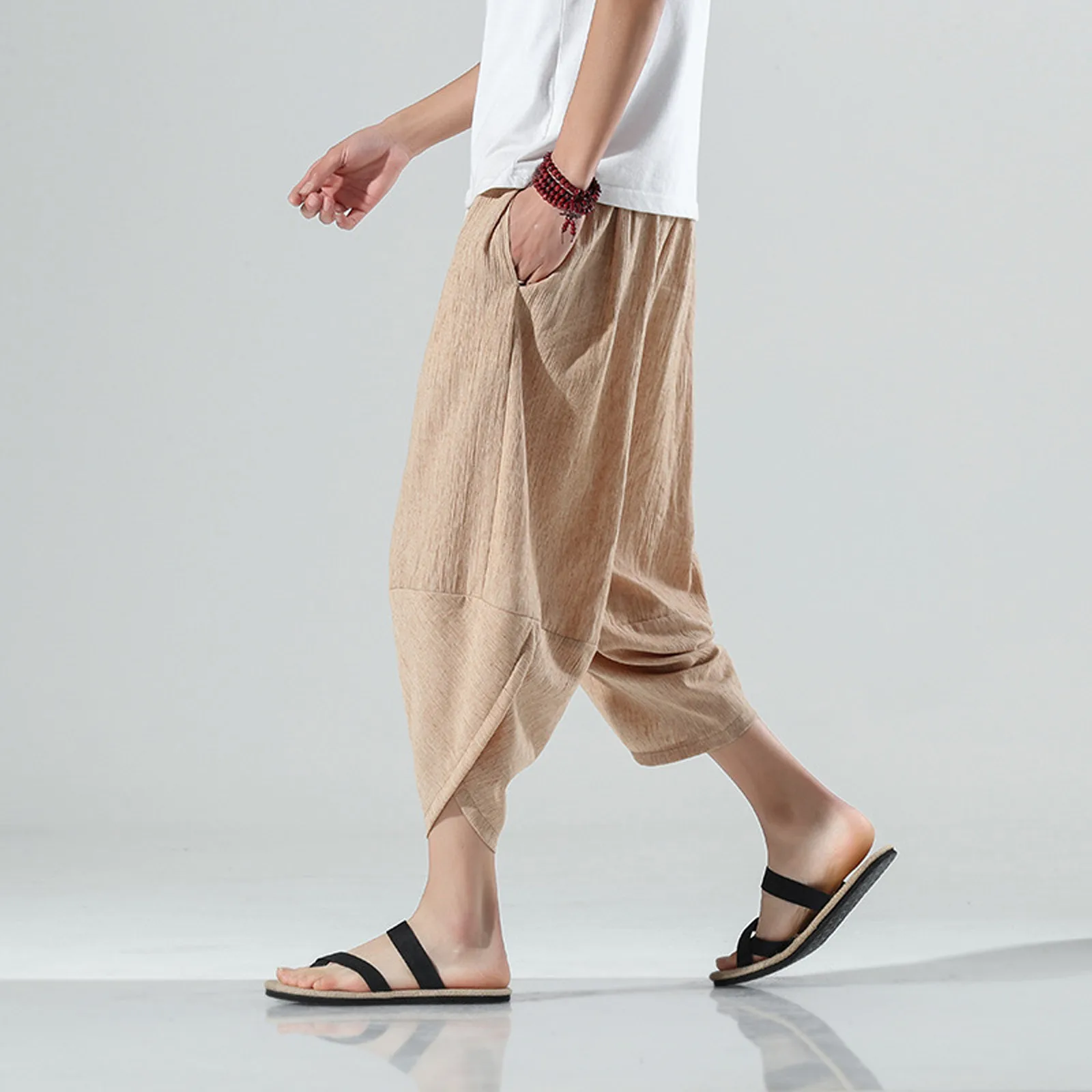 Брюки мужские хлопково-льняные до щиколотки повседневные мешковатые