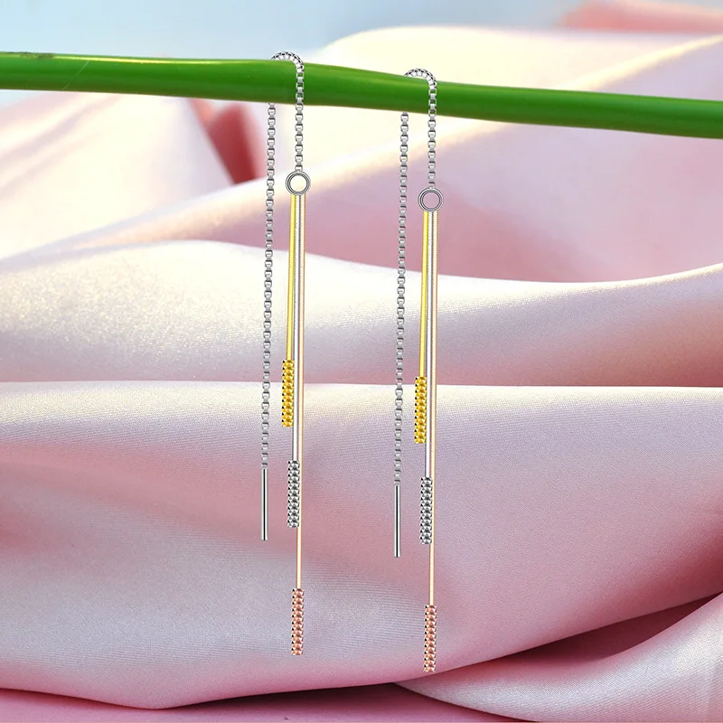 

Earrings Female 925 Colored Gold-Plated Sterling Silver Tassel Hanging Earrings Temperament Long Color Silver Earrings Fashion P