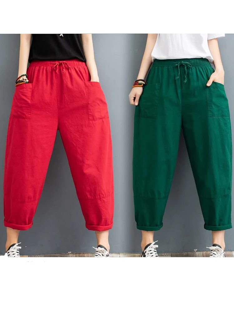 

Summer Cotton Linen Harem Pants for Women 2023 Black Lace Up Slacks High Wiast Baggy Capri Pants Loose Wide Leg Trousers Jogger