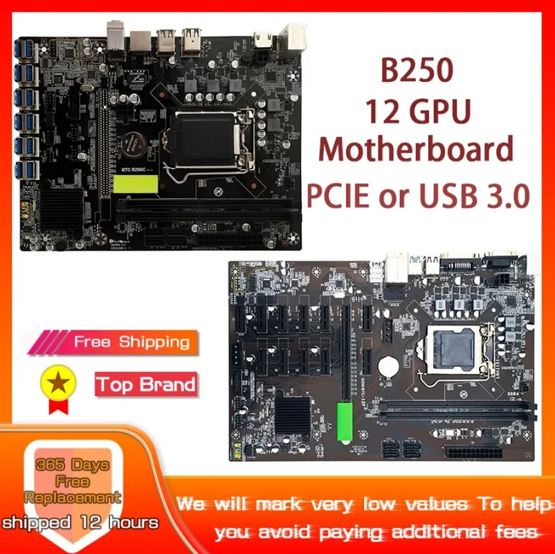 

Материнская плата B250, материнская плата для майнинга BTC ETH, 12xpcie на USB3.0 или 12 PCI-E16X, слот для графической карты LGA1151, поддерживает DDR4, DIMM RAM