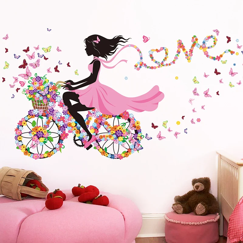 shijuekongjian fairy girl wall stickers vinyl diy butterflies flowers mural decals for house kids room baby bedroom decoration free global shipping