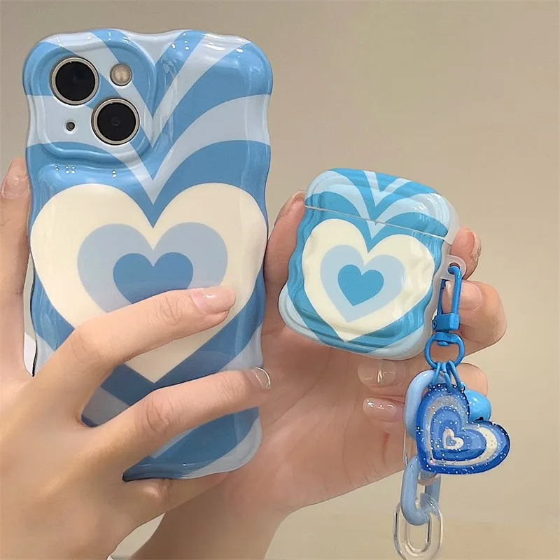 

Fashion Cute Blue Multi-layer Heart Pendant For Airpods 3 1 2 Pro Girl Soft Protective Cover Headphone Carrying Box Fundas