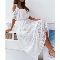 fashion women summer sexy daily vacation half sleeve flared dress contrast lace cold shoulder maxi dress with belt
