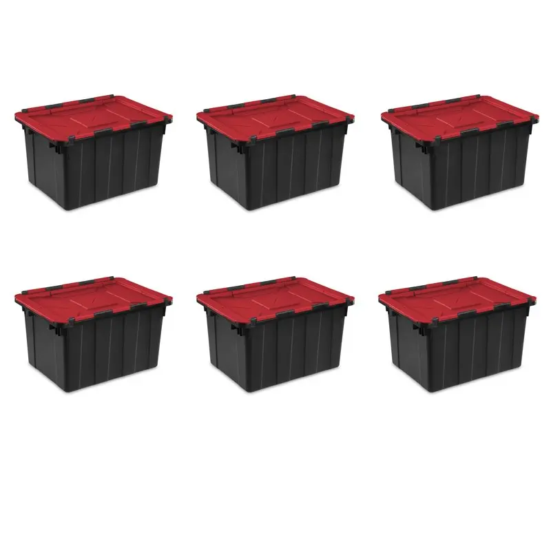 

12 Gallon Hinged Lid Industrial Tote Plastic, Black, Set of 6