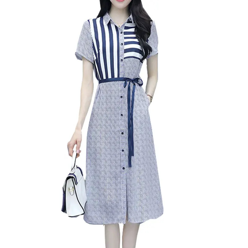 

Summmer Woman Chiffon Lanon Knee-length Turn-down Collar Striped print New Fashion Belt Button Short Sleeves Dresses Female