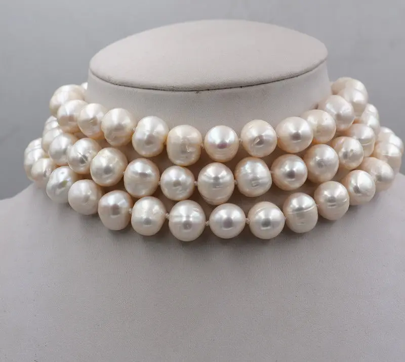 

New 3 ROWS 9-10MM GENUINE WHITE AKOYA PEARL NECKLACE 17-19inch
