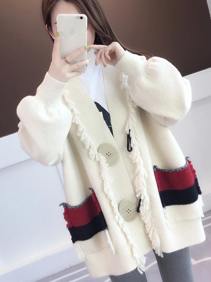 

Women's Loose Mid-length Knitted Cardigan Patchwork Coat Autumn New 2022 Women's Sweaters Lazy Casual V Full