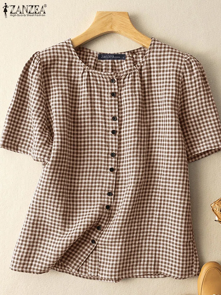 

ZANZEA Retro Check Blusas Bohemian Summer Blouse Women O-Neck Short Sleeve Tops Vintage Loose Plaid Shirt Oversize Tunic Mujer