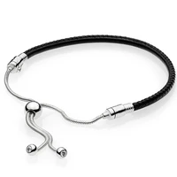 authentic 925 sterling silver moments leather with adjustable sliding clasp bracelet bangle fit bead charm diy pandora jewelry