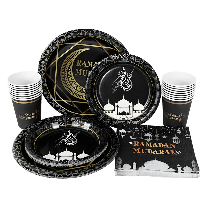 

Ramadan Disposable Tableware Set Mubarak Napkin Black Gold Paper Cup Paper Tray Eid Tableware Islamic Party Decoration Supplies