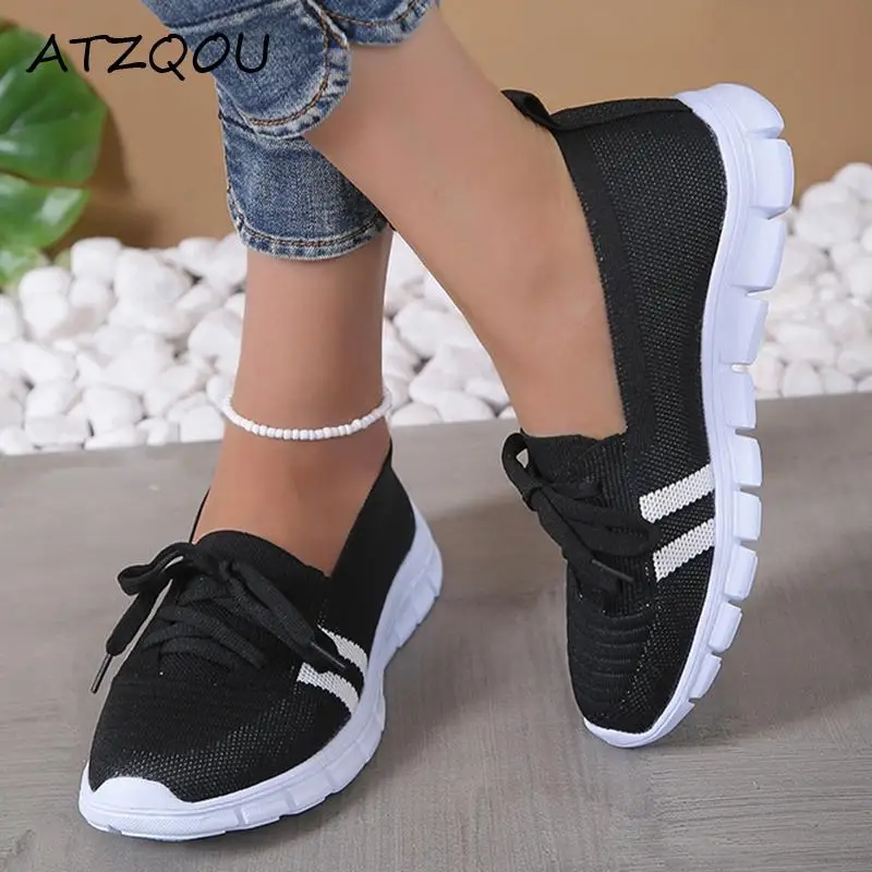 

Mesh Flats Shoes for Women Knitted Striped 2023 Summer Lace Up Plus Size 43 Casual Sneakers Woman Breathable Soft Sole Loafers