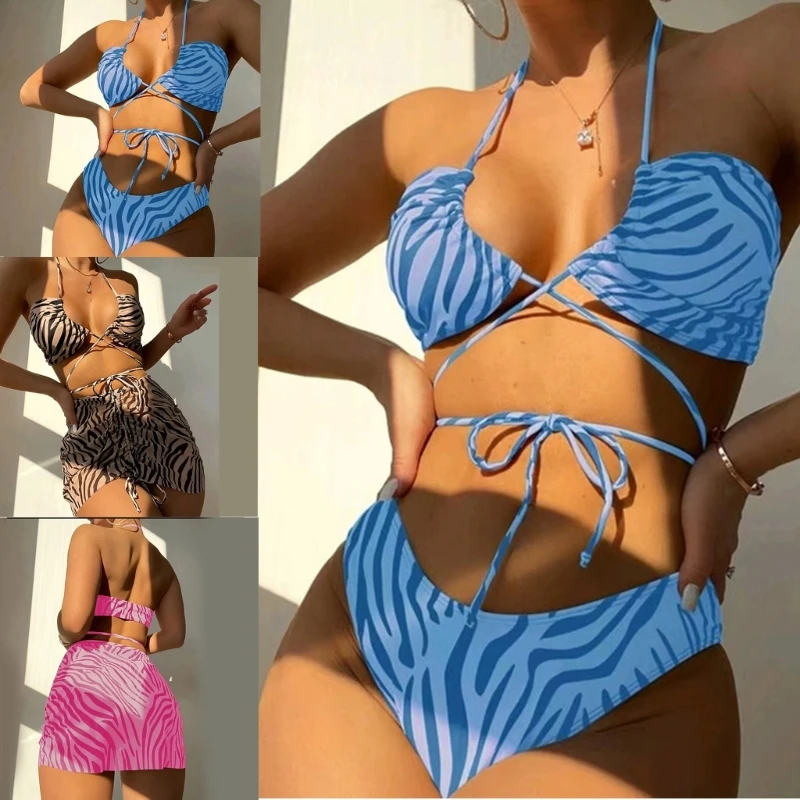 

Женский купальник с принтом, комплект из 3 предметов, бикини с лямкой на шее, сексуальный купальный костюм, 24BD