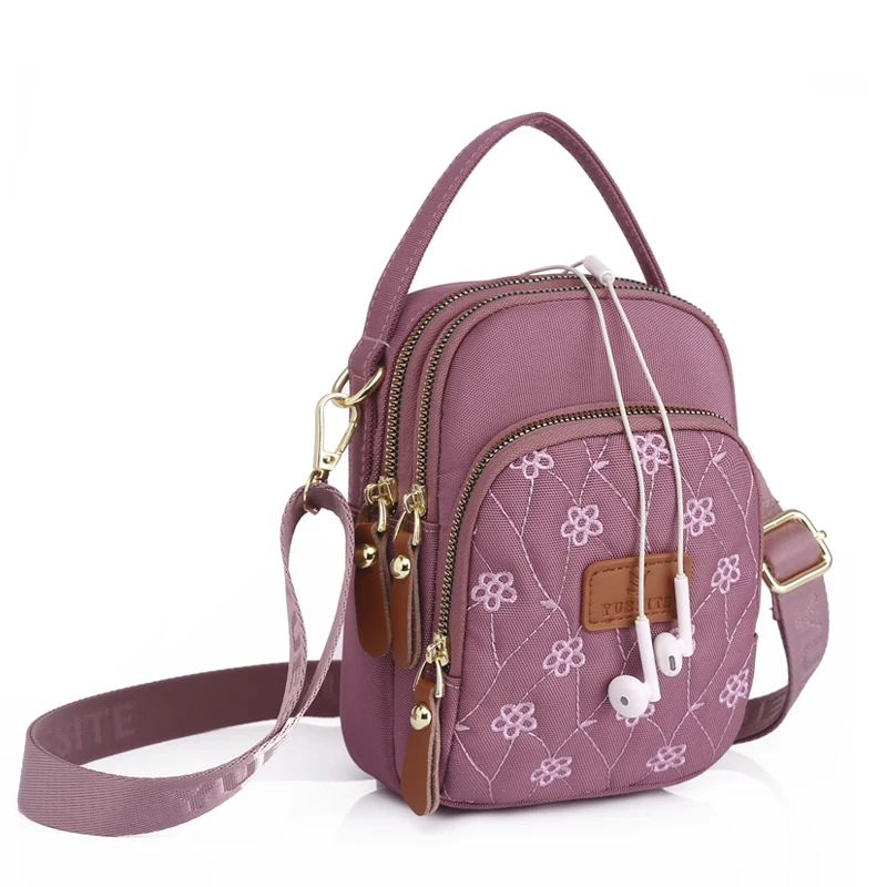 Fashion Flower Embroidery Handbag Multi Pockets Mobile Phone Bag Small Shoulder Bags for Teenage Girls Oxford Crossbody Bags