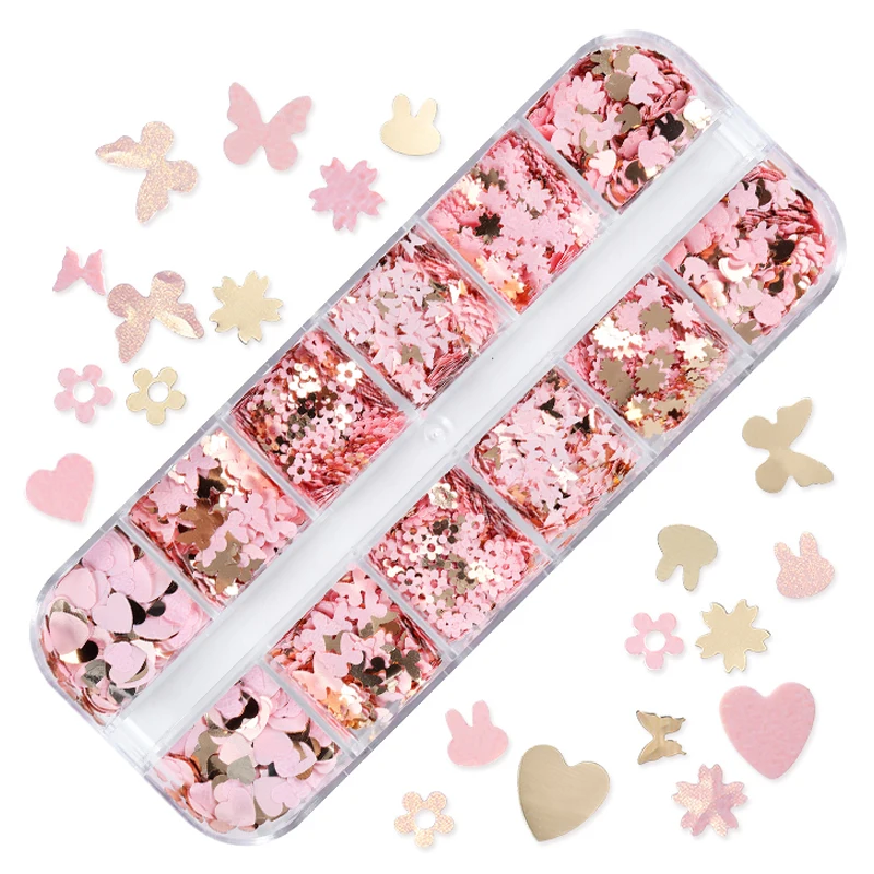 

Pink Gold Nails Accessories Butterfly Charm Flakes Glitter Kawaii Bunny Flowers Sequins Professional Nail Design Decoracion Uñas