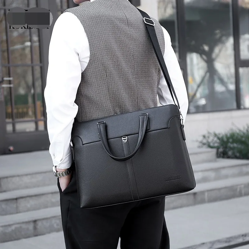 Business Men Double Zipper Briefcase Bag PU Leather Hangbag Office Man Shoulder Messenger Bags Male 14 Inch Laptop Bag