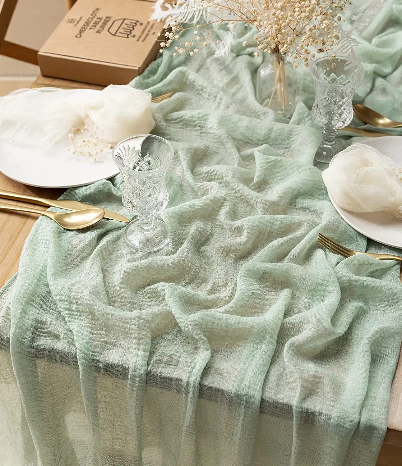 Sage Green Cheesecloth Table Runner 10ft Boho Gauze Wedding Dining Table Decoration Rustic Reception Bridal Shower Table Cover