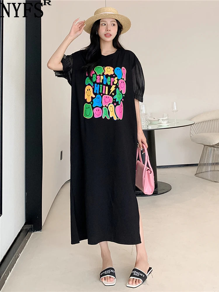 

2023 Summer New Korea Woman Dress Vestidos Robe Elbise Loose Plus Size Pocket Slit Print Paneled Puff Sleeve Long Dresses