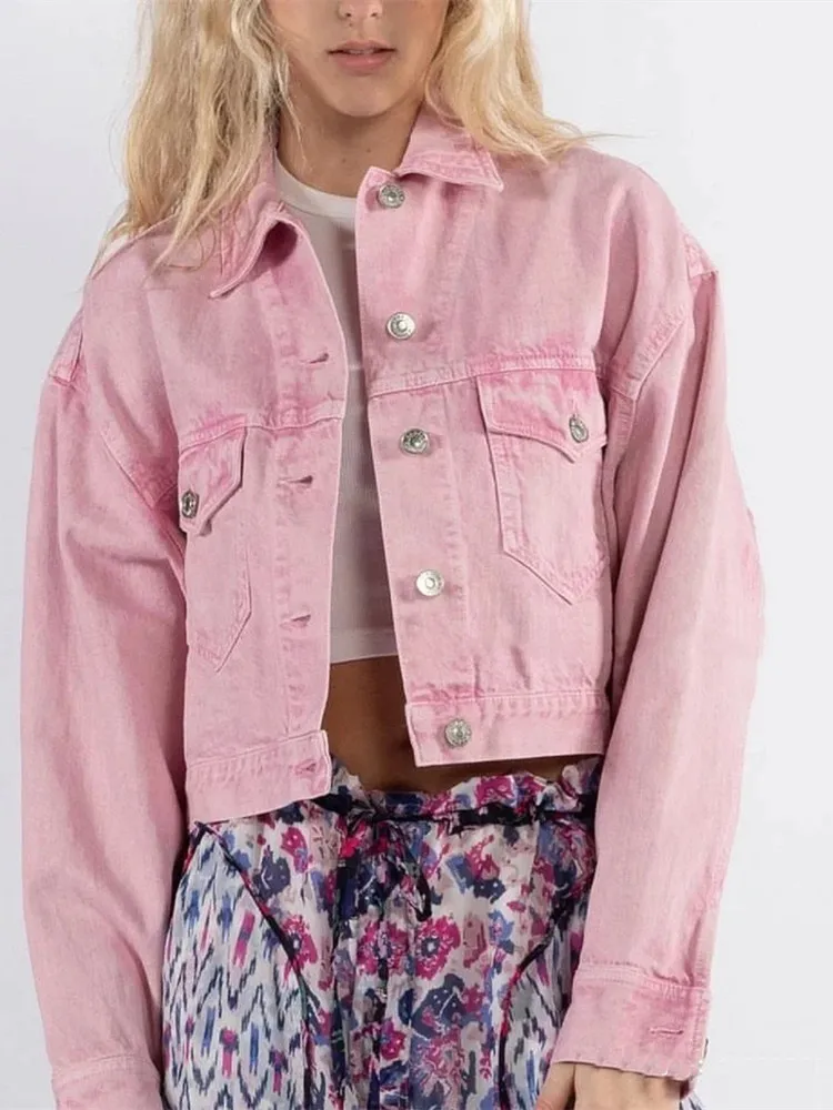 

Женское джинсовое Укороченное пальто с карманами, розовое однобортное пальто с отложным воротником и длинным рукавом для ранней весны, 2023