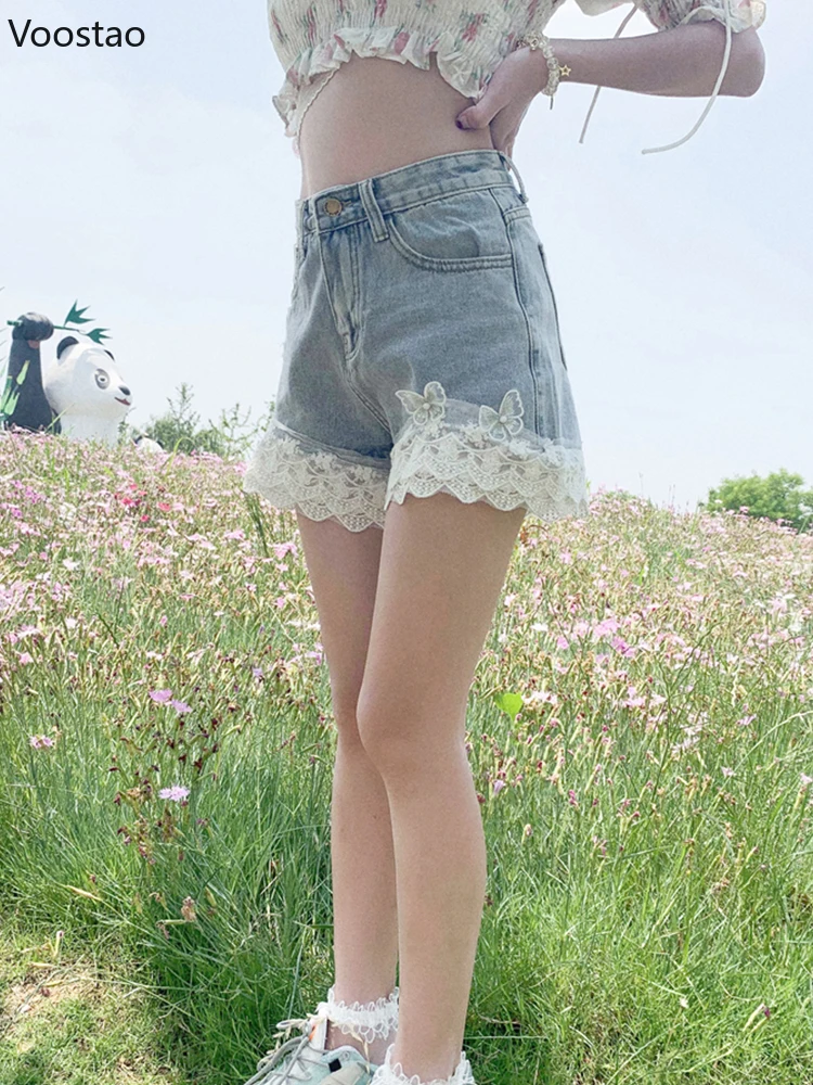 Летние милые кружевные джинсовые шорты с оборками женские корейские шикарные