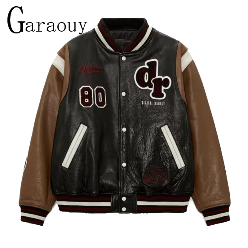 Garaouy 2022 Autumn New Men Street Retro Baseball Uniform Letter Embroidery Faux Leather Bomber Jacket Loose All-match Coat Male