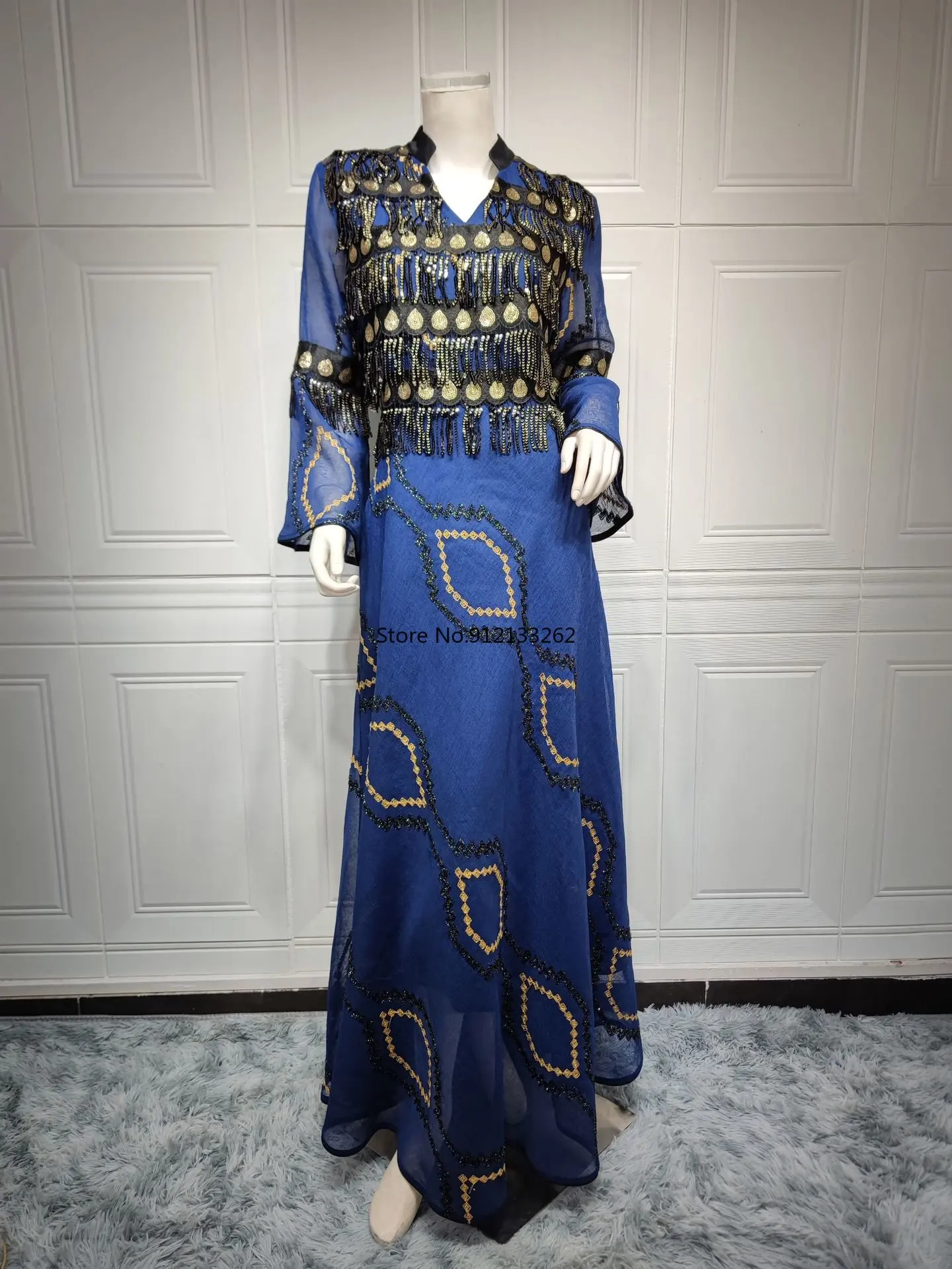 Muslim Fashion Summer Women Long Sleeve V-neck Polyester Sequined Long Abaya Muslim Dress Abaya Dress Clothes for Muslim Women