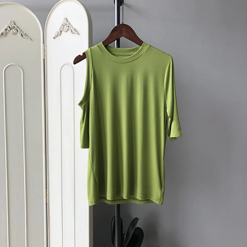 

2021 new fashion T-shirt Womens round neck casual strapless cotton