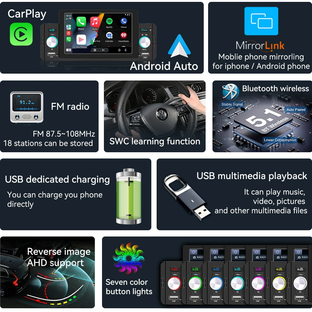 Фото Автомагнитола ESSGOO 1Din, mp5-плеер, Авторадио, стерео, 5-дюймовый IPS экран, Carplay Mirror Link, Bluetooth, универсальный мультимедийный плеер №5