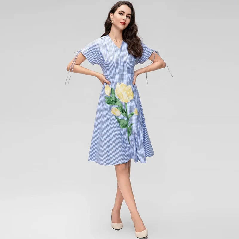 Janeyiren 2023 Fashion Runway Dress Summer Women Short sleeve blue plaid Embroidery slim-fitting elegant holiday dress