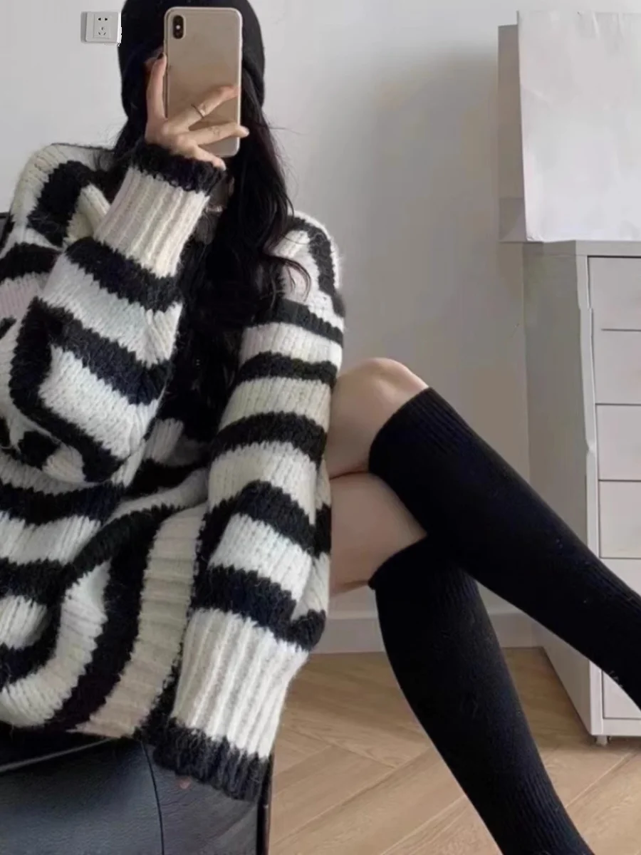 Korean Series Contrast Color Stripe Mid-Length Thick Line Sweater Women Autumn and Winter New V-neck Loose Idle Sle Knit Top