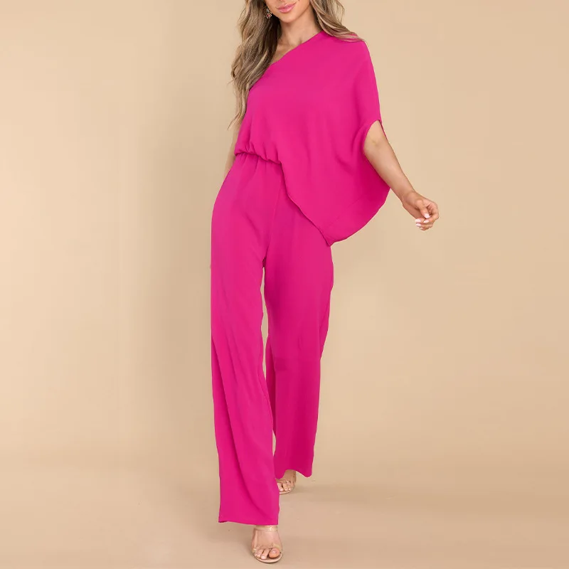 

2023 New European and American Women's Bodysuit Loose Oblique Shoulder Asymmetric Fashion Casual Commuter Bodysuit Overalls