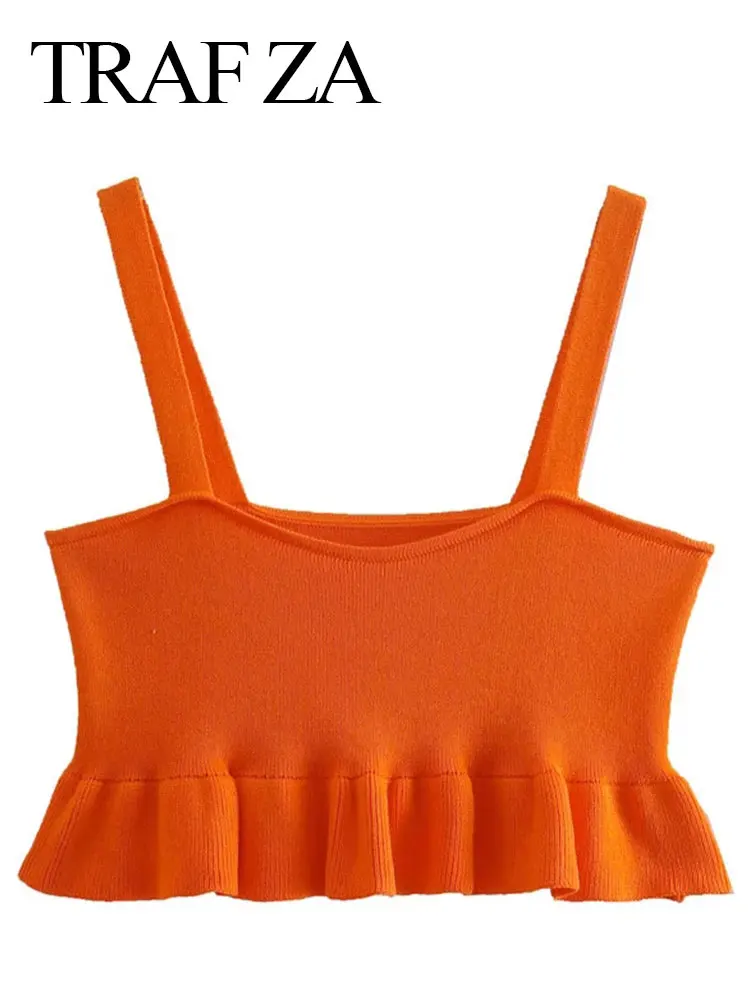 

TRAF ZA Summer Trendy Youthful Ruffle Hem Skin-Friendly Women Tank Top Casual Sports Style Solid Color Super Short Lady Sling