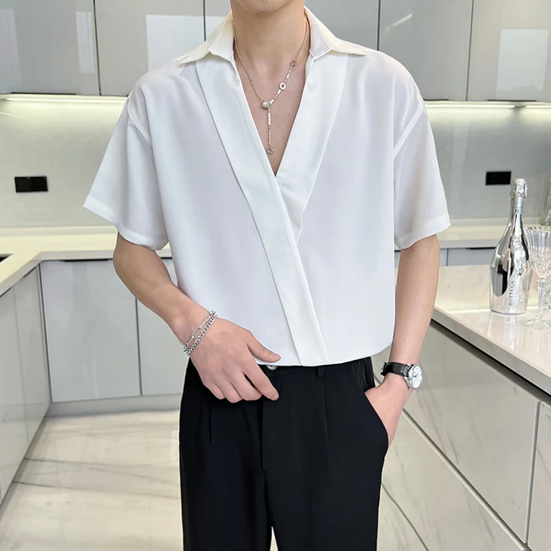 2022 Sexy V-neck Shirts for Men Summer Short Sleeve Loose Casual Shirt Social Party Tops Streetwear Male Clothing Tuxedo Blouse