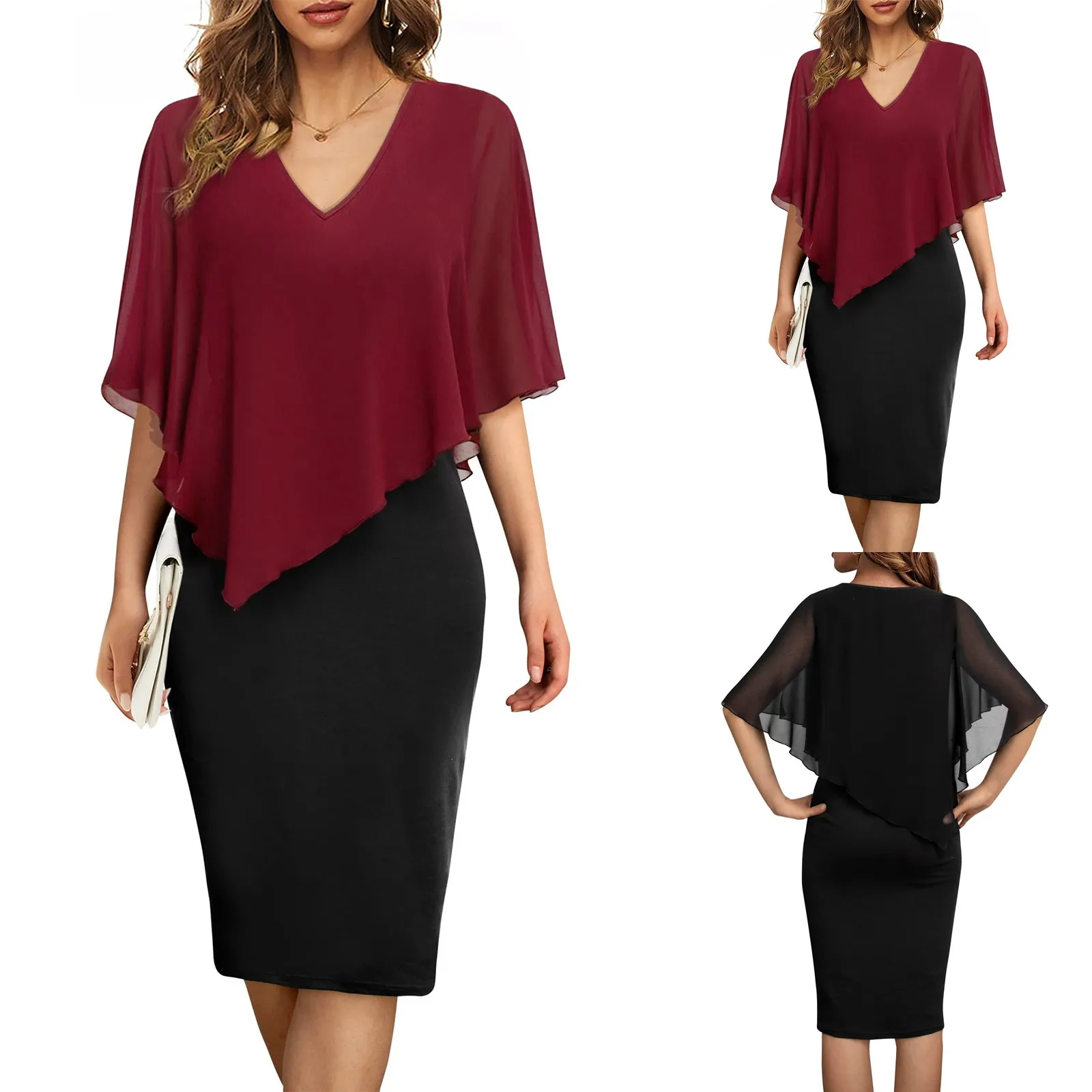 

Элегантные женские асимметричные платья в стиле пэчворк, женская сексуальная одежда с рукавами, V-образным вырезом, шифоновые вечерние офиц...