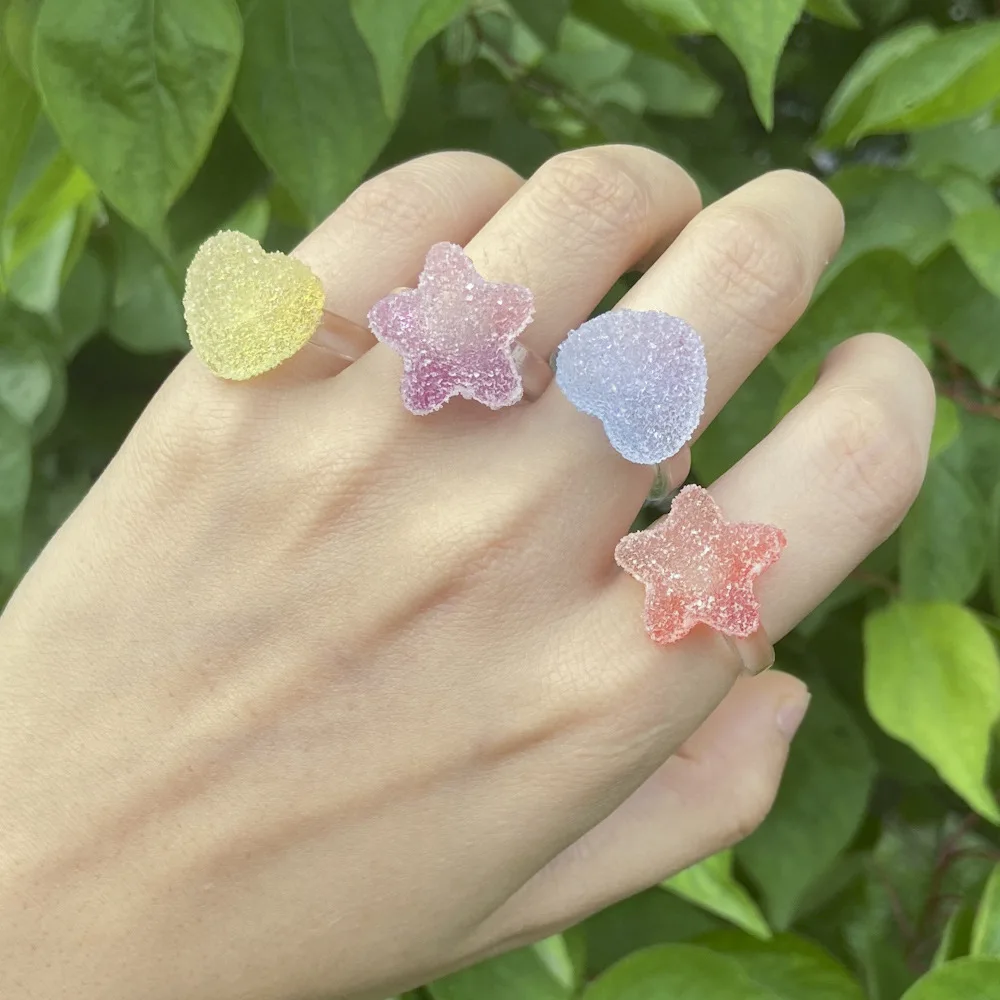 

Cute Chic Candy Colors Gummy Drop Rings Women Transparent Resin Cute Heart Stars Love Finger Rings Jewelry Party Accessories