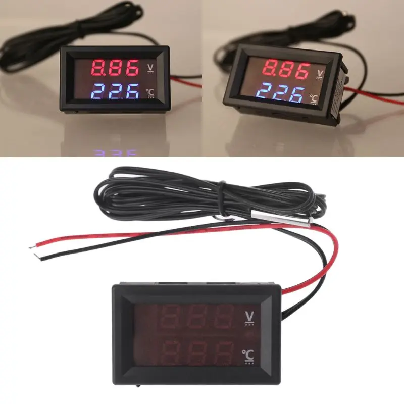 

2-in-1 Car Thermometer Voltmeter Square LED Display Digital Voltage Gauge Meter for Most 12-24V for cars SUV Trucks Buse