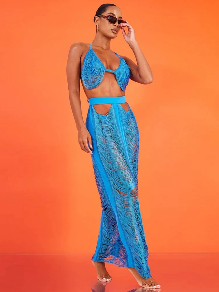 Женский комплект из 2 предметов вязаный облегающий эластичный макси Y2K