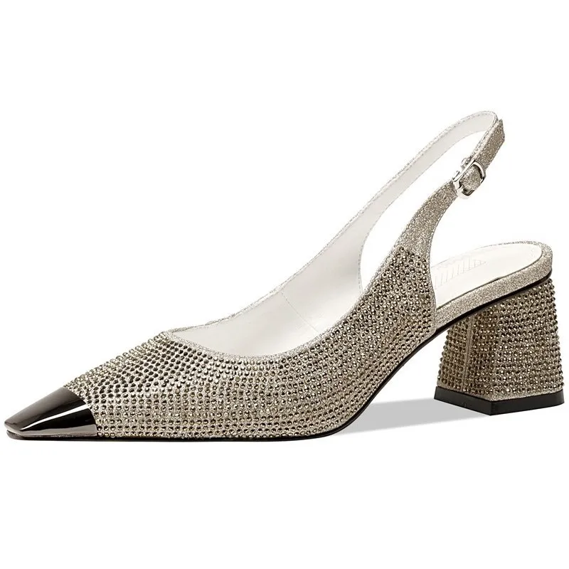 

Dilalula Women Pumps Wedding Party Prom Sandals Spring Summer Rhinestone Thick Heels Metal Square Toe Shoes Woman Elegant