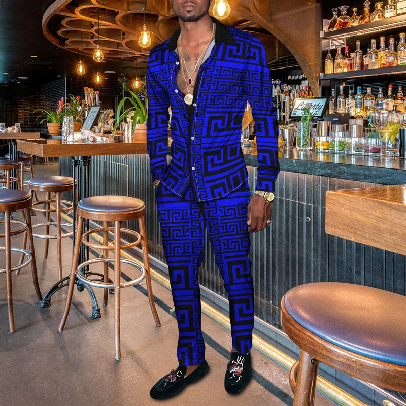 2022 Fashion dress party Suit Men's creative geometry Print Long Sleeve Shirt Pants 2 Piece Set Oversized Casual Wear Hip Hop