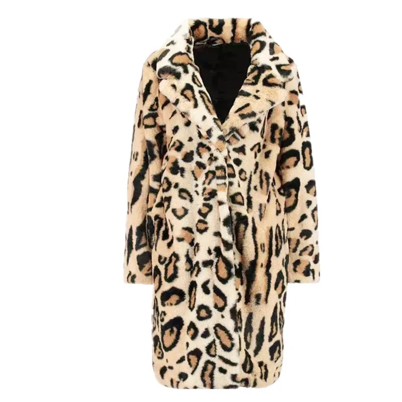 Women Leopard Faux Fur Coat Winter Fashion Loose Cardigan Large Coat Women Long Sleeve Thick Warm Fur Turn-Down Collar Coat