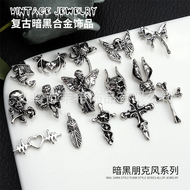 

100pcs Halloween Nail Decoration Vintage Style Dark Black Alloy Ornament Demon Human Bone Cross Wishing Angel Nail Decoration
