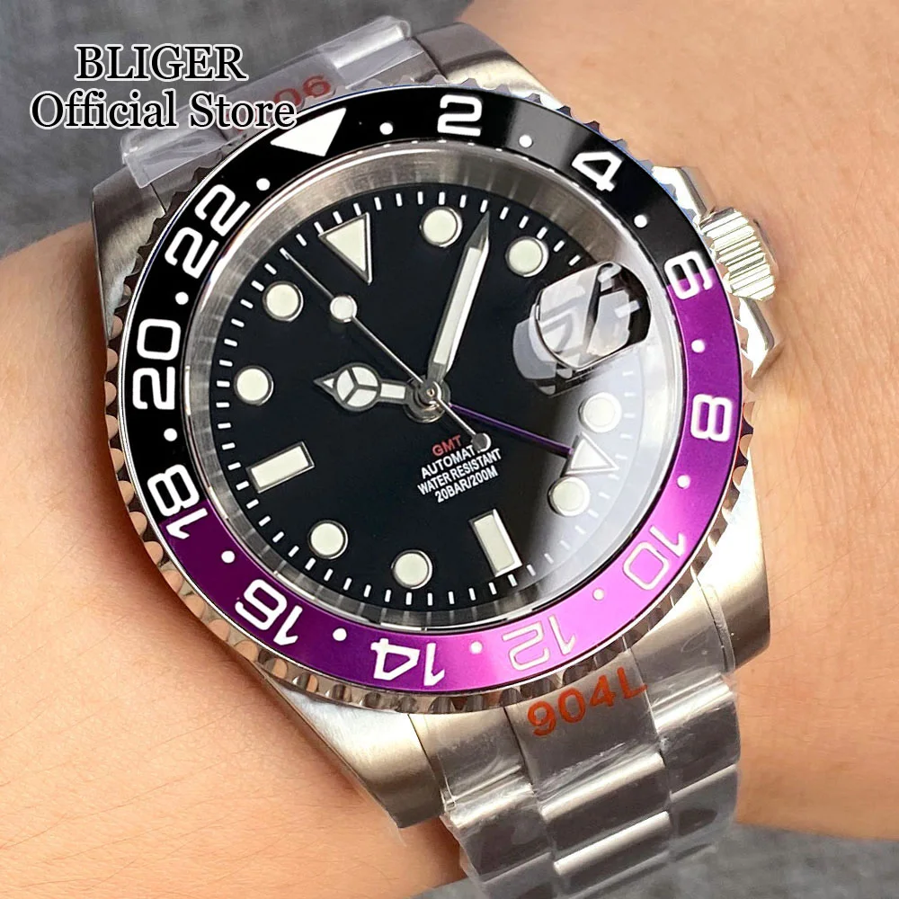 חדש 40mm NH34A 200M עמיד למים ספיר קריסטל NH34 GMT אוטומטי Diver שעון לגברים אויסטר צמיד סגול