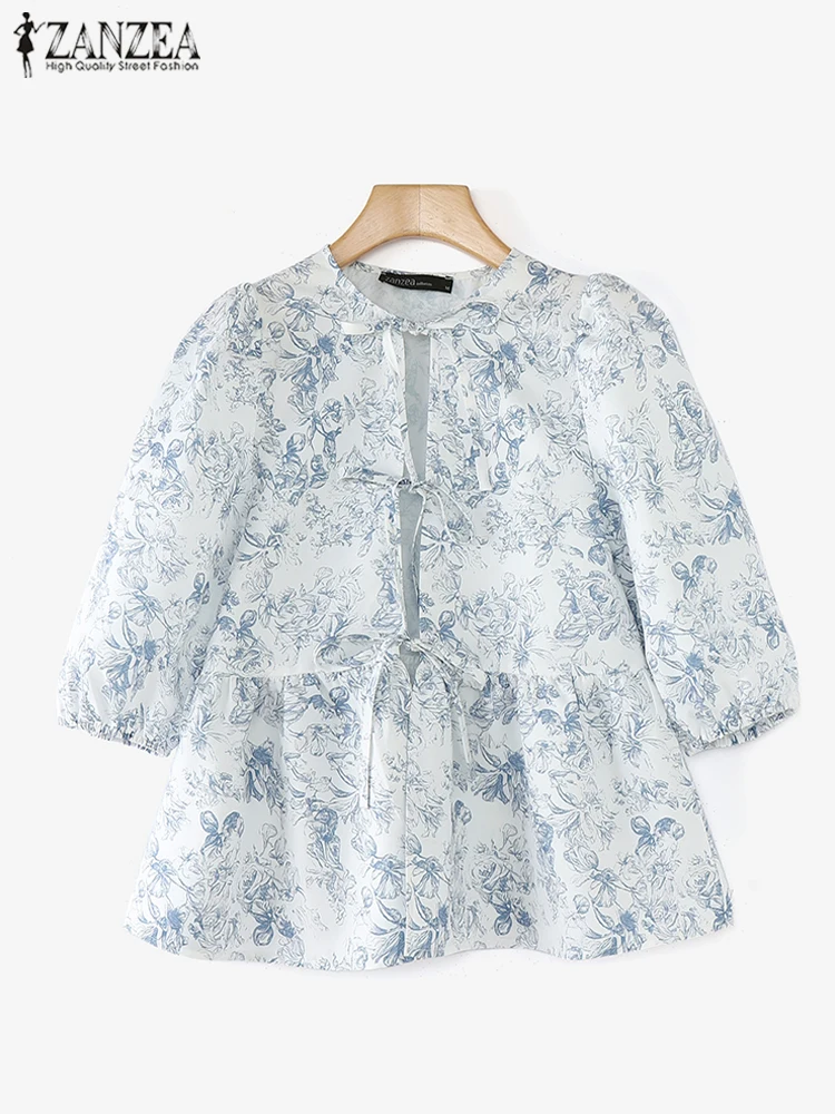 ZANZEA женские пышные блузки с короткими рукавами повседневные свободные круглым