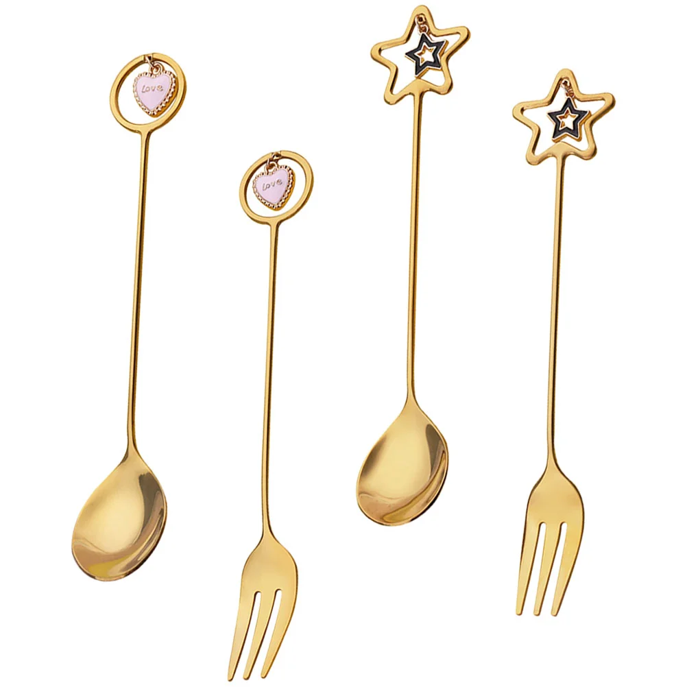 

Stainless Steel Spoon Fork Heart Golden Dessert Spoons Cutlery Set Star Design Cake Flatware Utensils Stirring