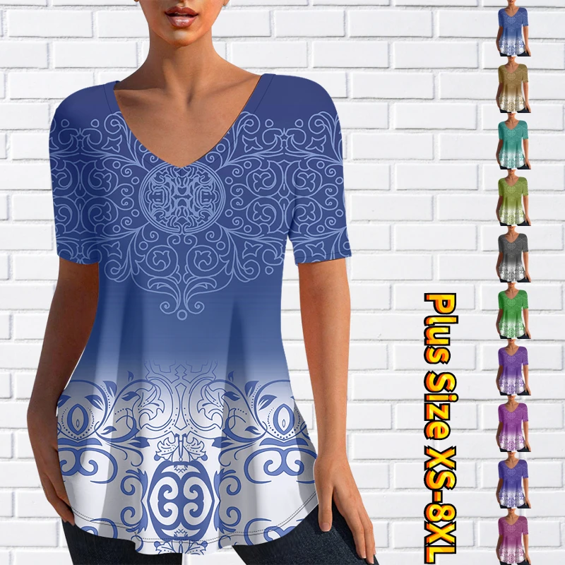 

Футболка женская с принтом, пуловер свободного покроя с V-образным вырезом, повседневный модный длинный топ с коротким рукавом, на каждый день, на лето