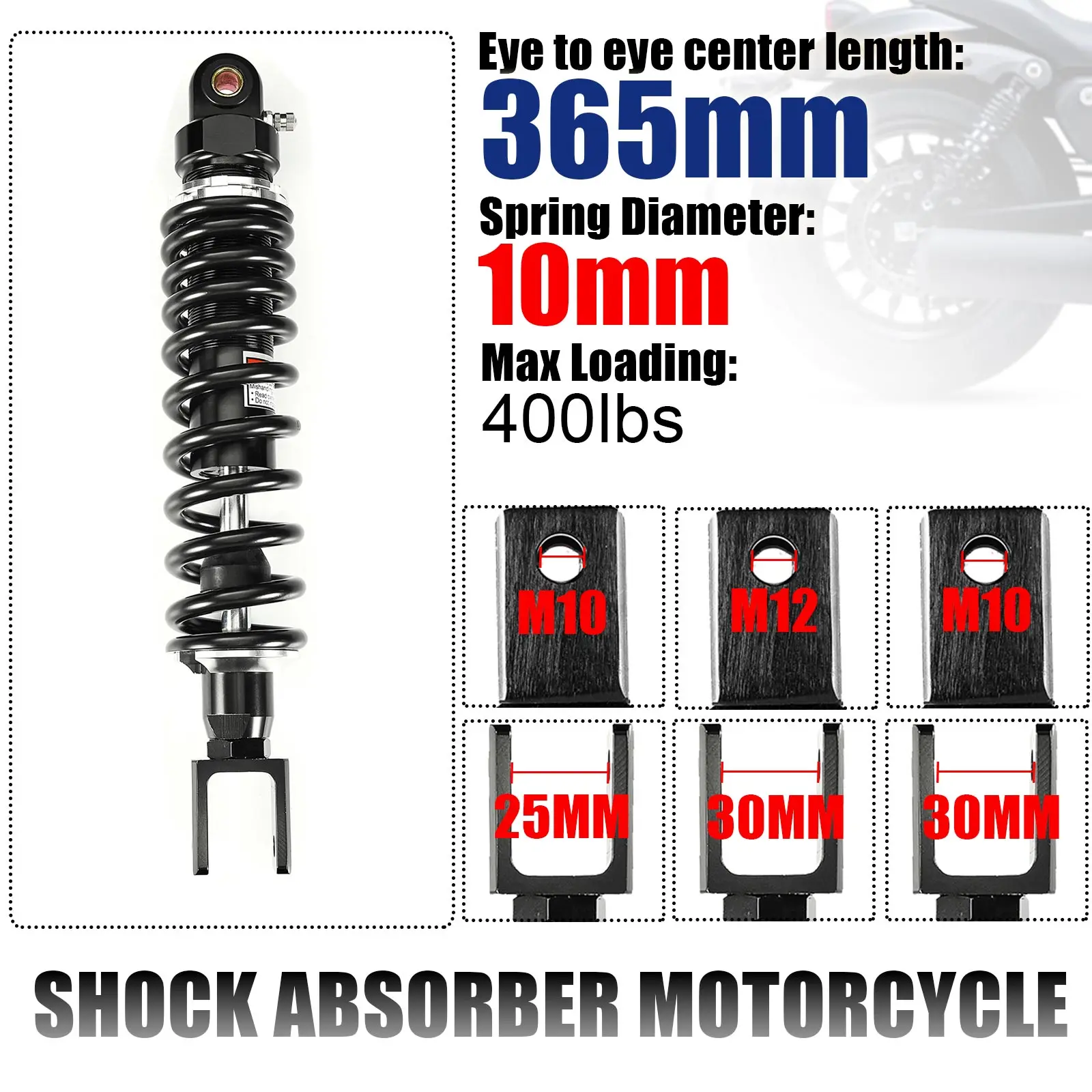 

365mm Spring 10mm Fork Head Strong Motorcycle Shock Absorber Rear Suspension Motor ATV Quad Falling protection 400lbs M10 M12