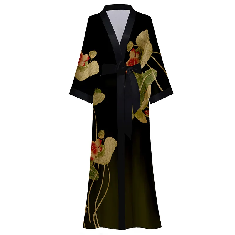New Nightgown Women's Spring and Summer Thin Section Ice Silk Satin Atmosphere National Style Luxury Tie Morning Robe Bathrobe